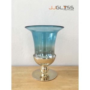 BLUE-GOLD-L0126-26YPB - แจกันแก้ว แฮนด์เมด สีฟ้า ความสูง 25.5 ซม.